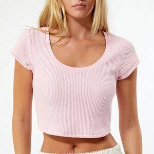 Est.Pac 1980 Pink Waffle Knit Scoop Neck Ribbed Cropped Short Sleeve Tee S